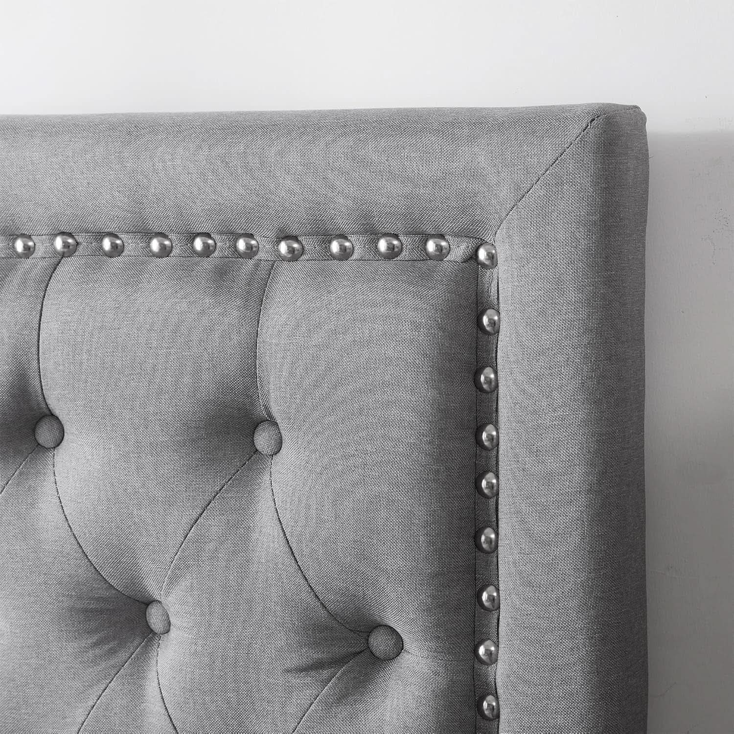 Tufted Linen Headboard with Nailhead Trim – Linen Gray