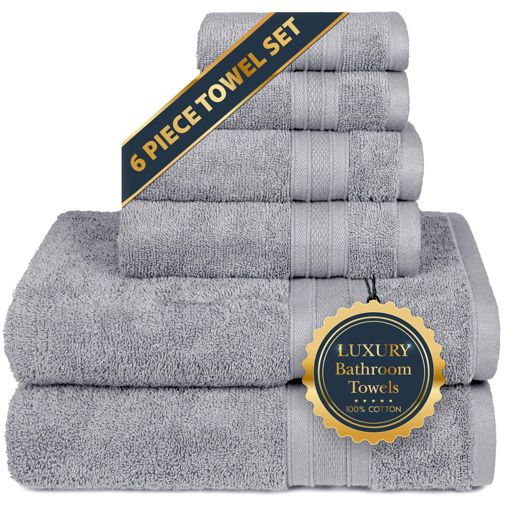 Soft Plush Luxury Towel Set for Dorm 6 Piece 100% Cotton Silverish Grey