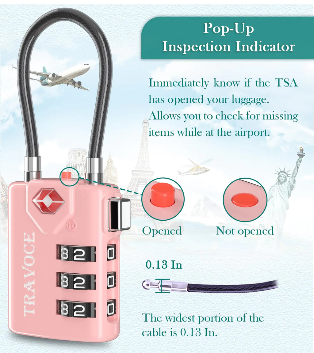 TSA Approved Cable Locks for College – Luggage, Gym Locker & Backpack (Pink 2-Pack)