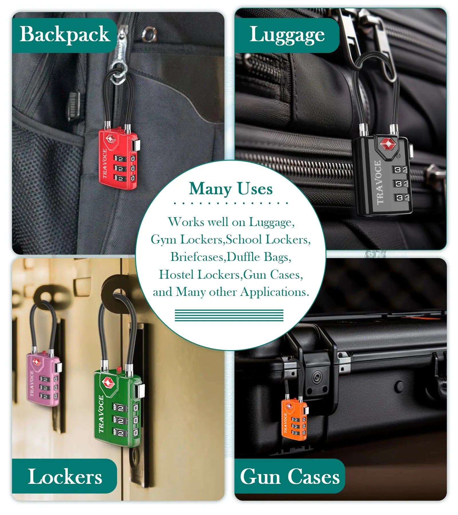 TSA Approved Cable Locks for College – Luggage, Gym Locker & Backpack (Pink 2-Pack)