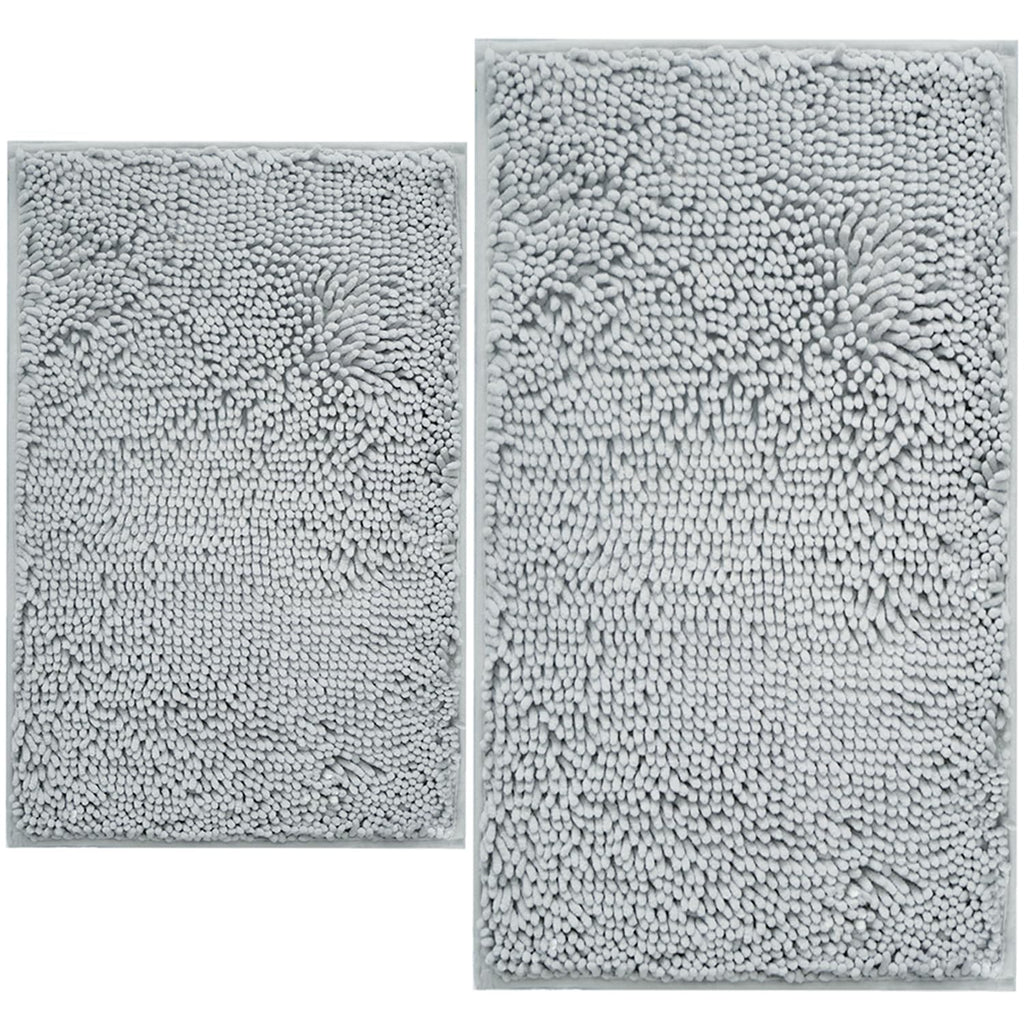 Chenille Bath Mat Set (2-Piece) Ultra-Soft, Non-Slip & Machine Washable | Light Grey