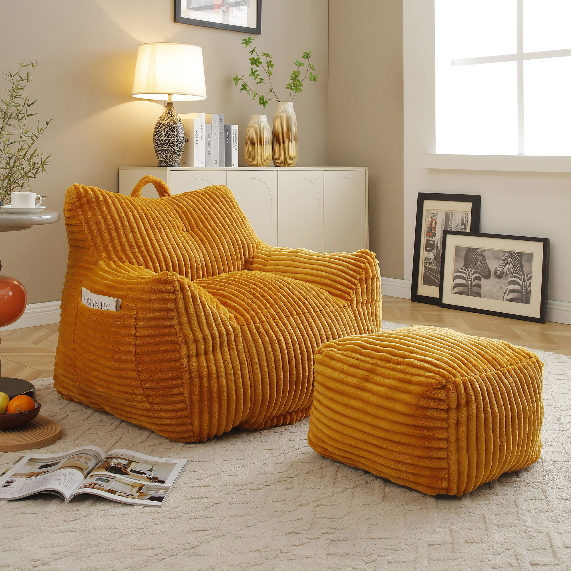 Giant Bean Bag Chair with Armrests & Footstool