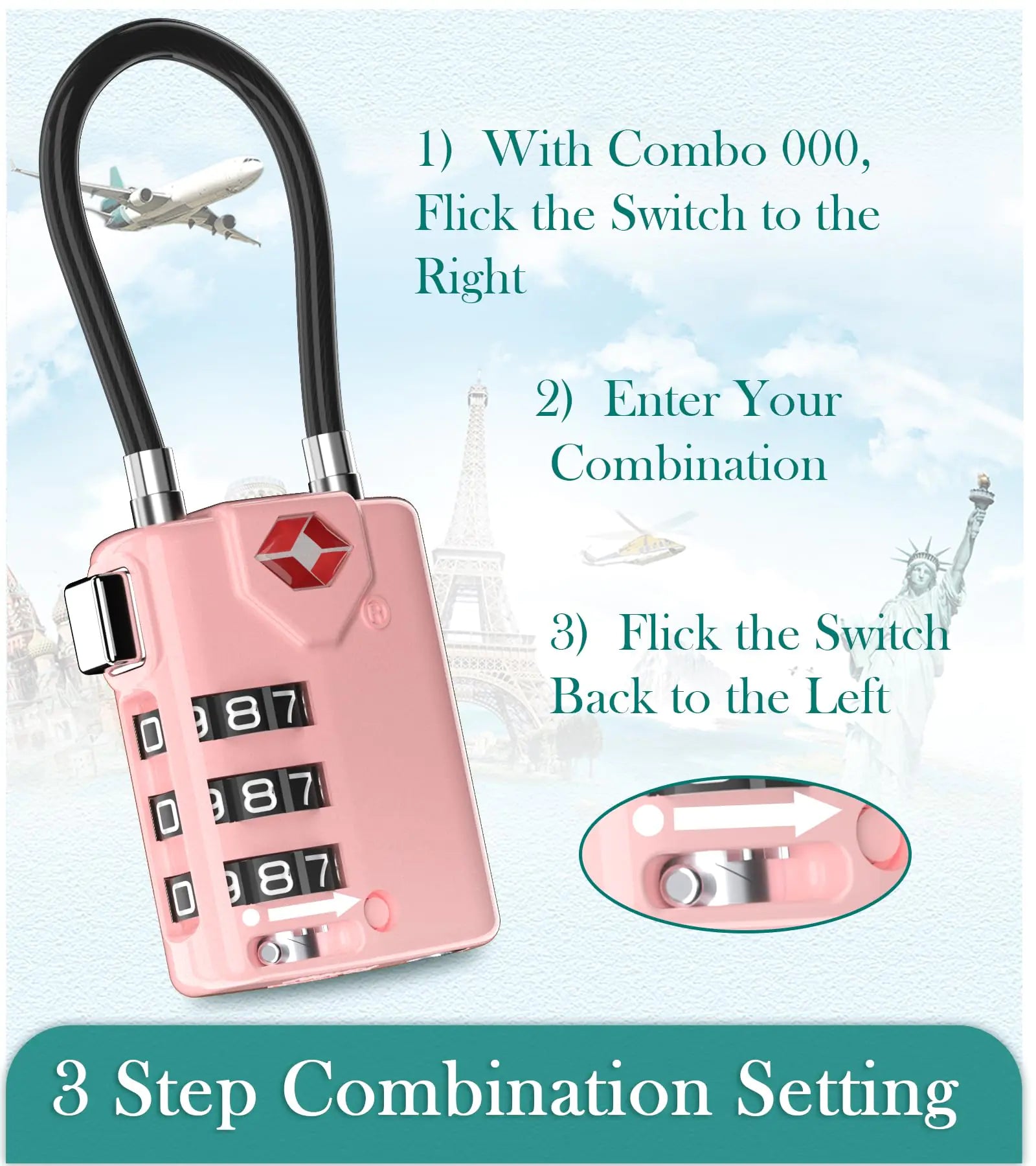 TSA Approved Cable Locks for College – Luggage, Gym Locker & Backpack (Pink 2-Pack)