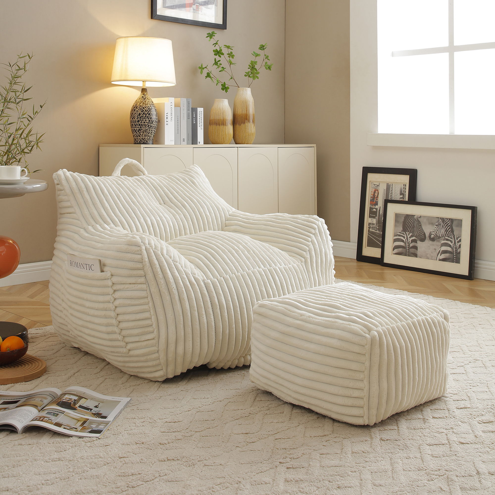 Giant Bean Bag Chair with Armrests & Footstool