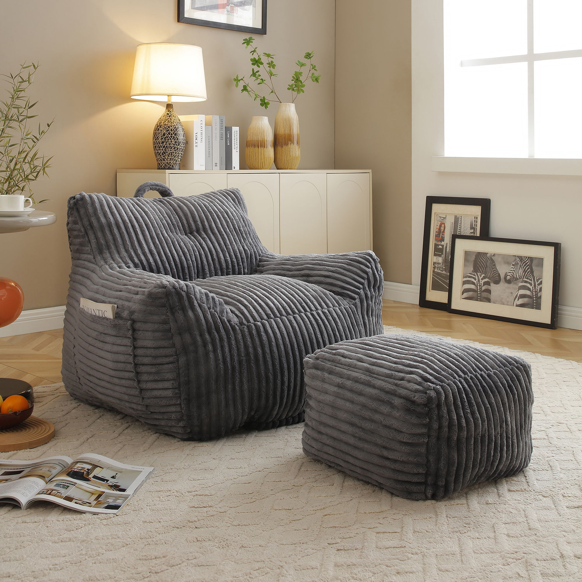 Giant Bean Bag Chair with Armrests & Footstool