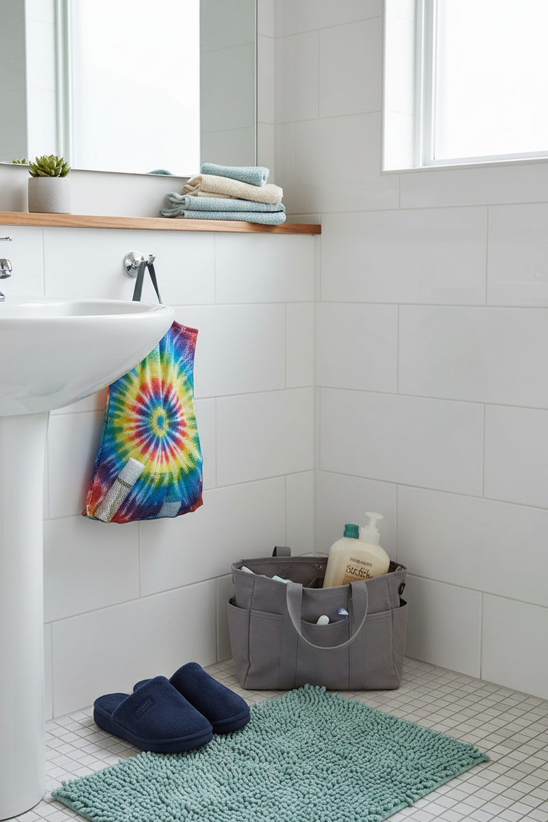 Bathroom Corner – Shower Caddy, Slippers & Washcloths