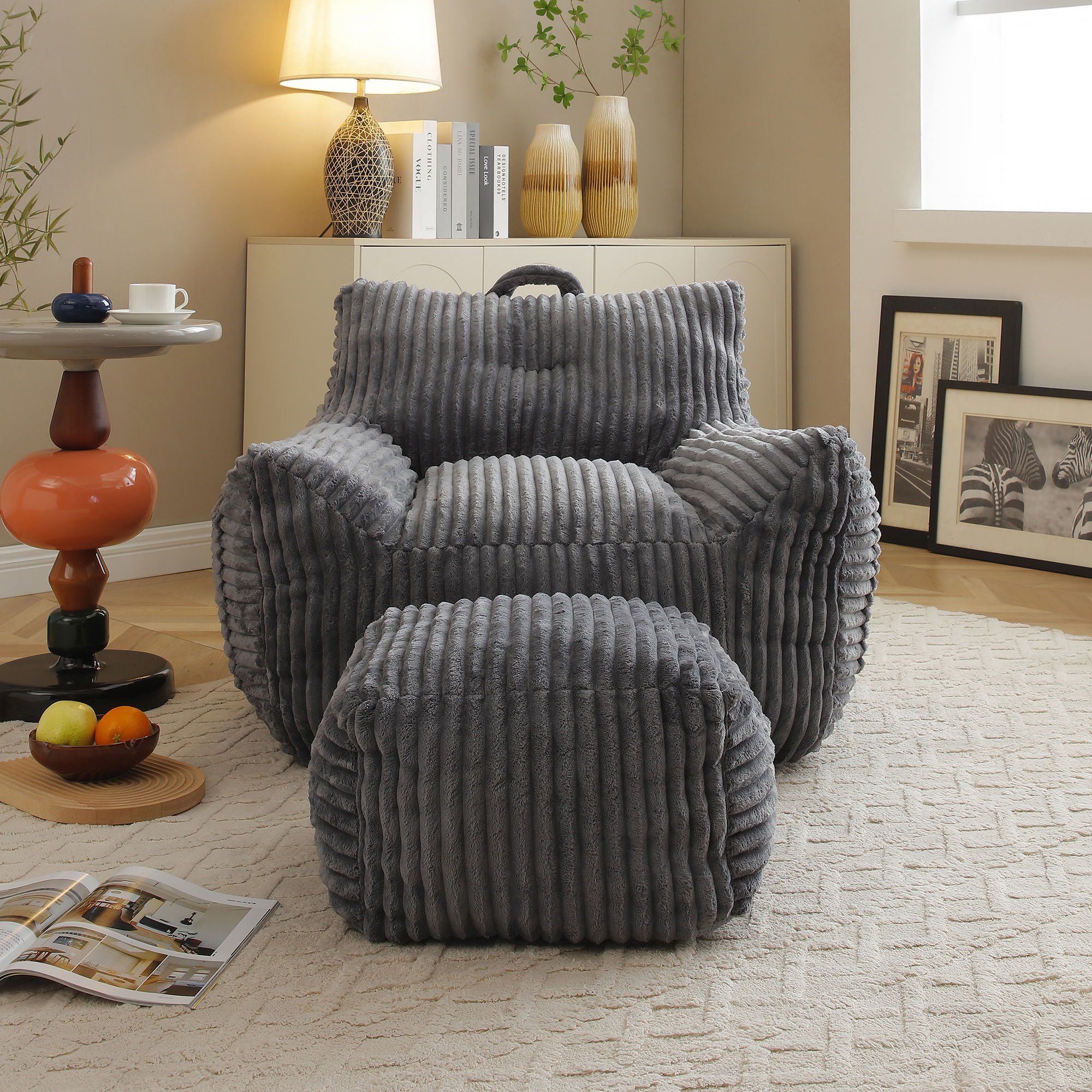 Giant Bean Bag Chair with Armrests & Footstool