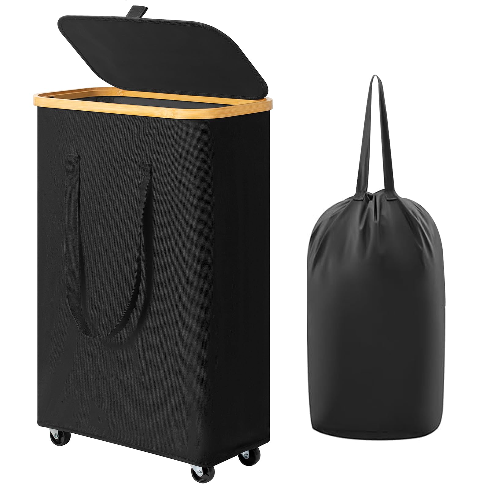 Slim Rolling Laundry Hamper for Dorm Rooms, 60L with Lid