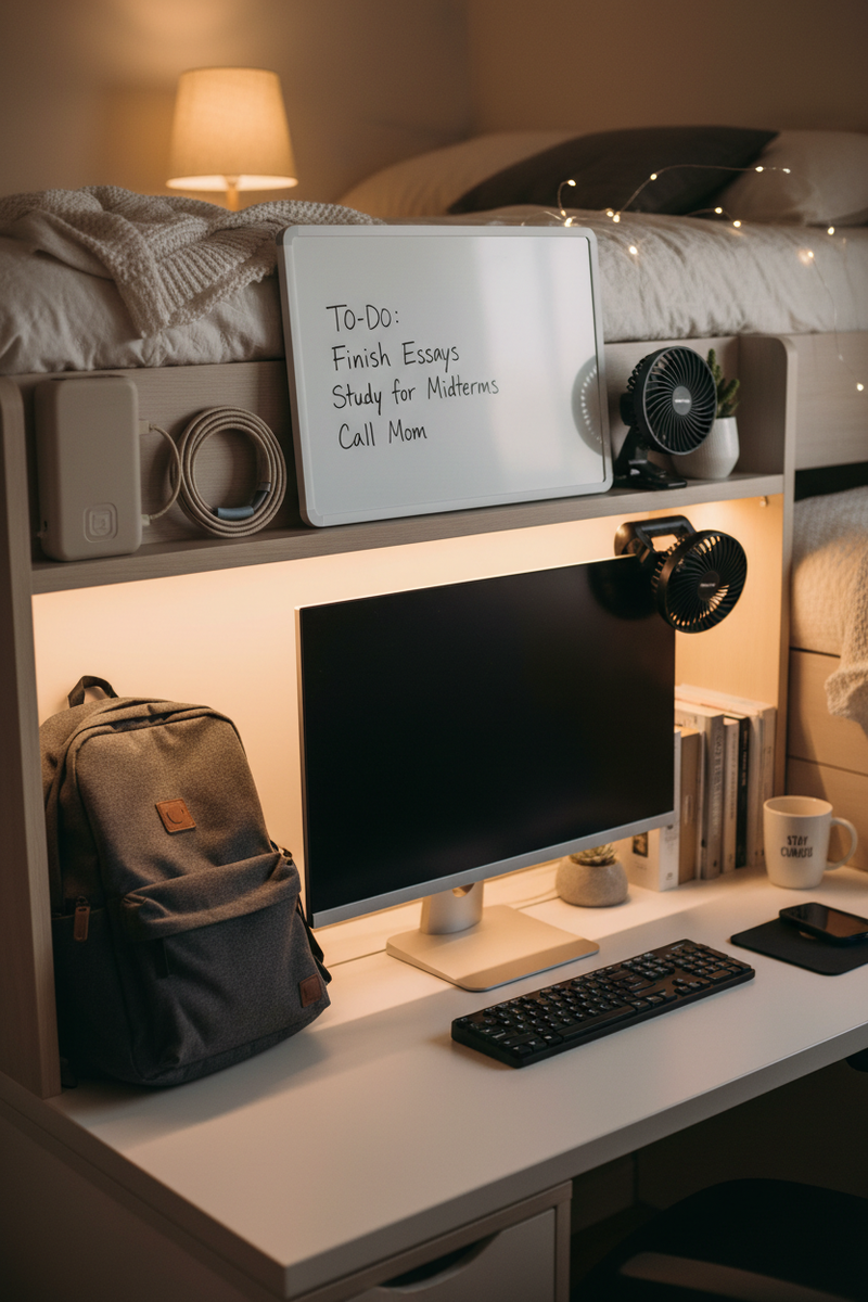 Desk Shelfie – Whiteboard, USB Fan & Backpack