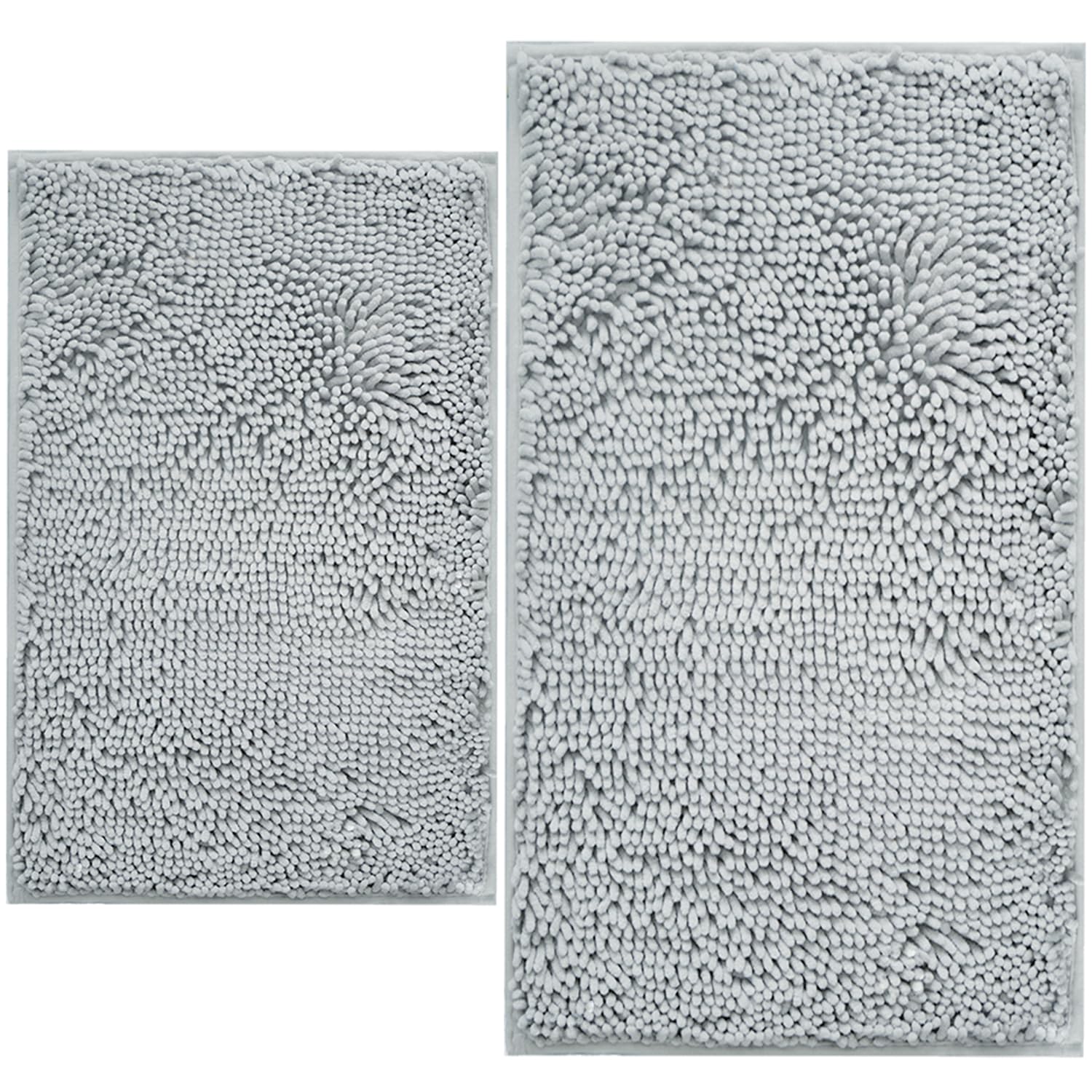 Chenille Bath Mat Set (2-Piece) Ultra-Soft, Non-Slip & Machine Washable | Light Grey