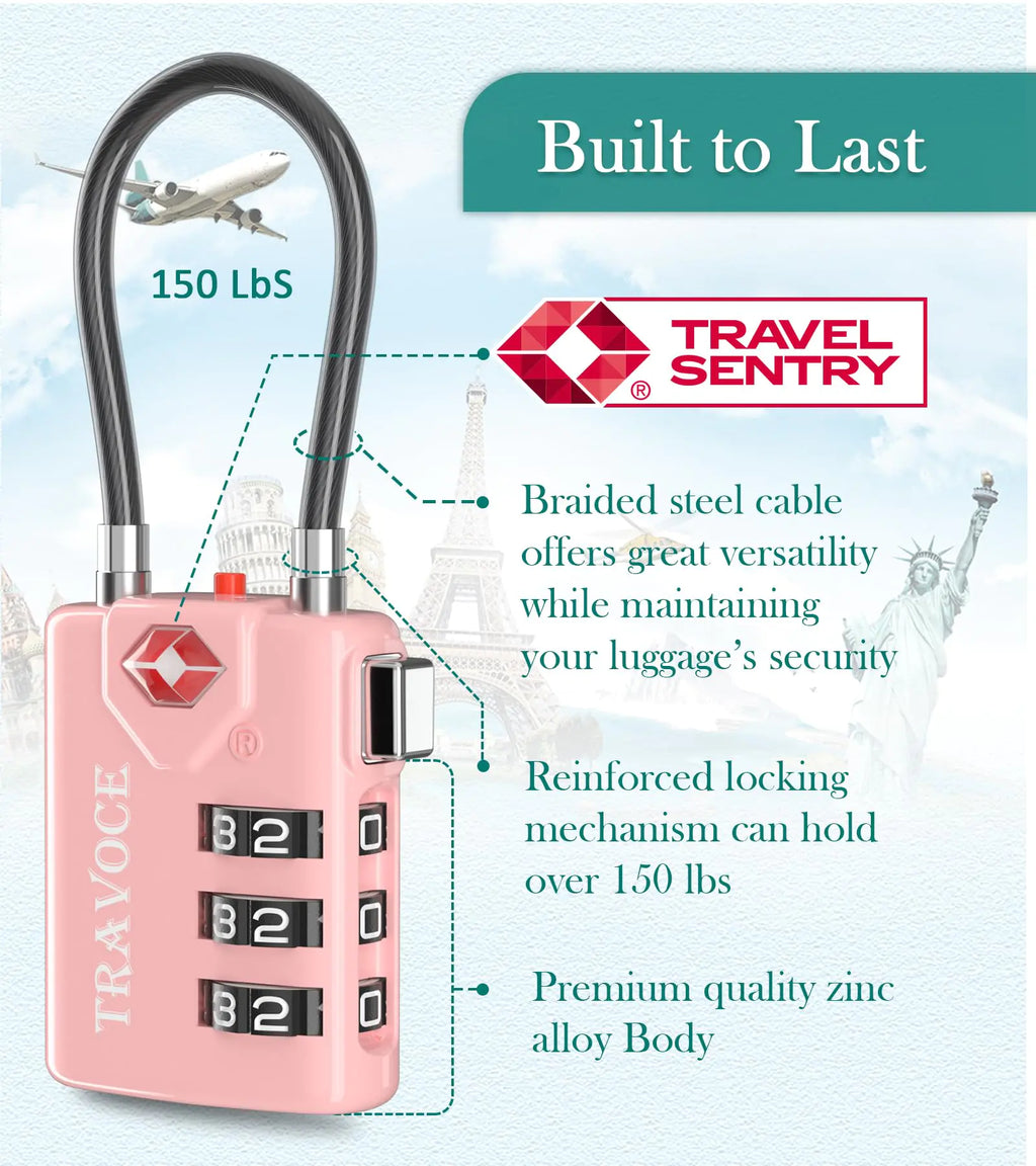 TSA Approved Cable Locks for College – Luggage, Gym Locker & Backpack (Pink 2-Pack)